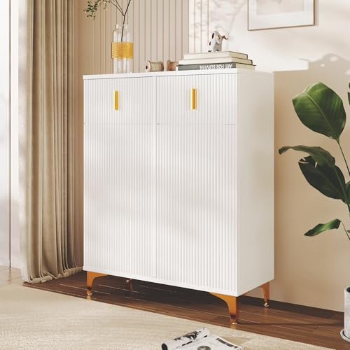 Merax Schuhschrank Weiss, Shoe Cabinet, Schuhkommode, Schuhschrank mit 2 Schublade und 2 Türen，Strukturpaneelen/Verstellbaren Einlegeböden/Vergoldeten Verzierungen, Weiß, 83x35x101cm