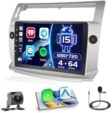 Hikity 4+64G Autoradio para Citroen C4 2004-2009/C-Quatre 2008-2011 | Android 15 Pantalla 9 IPS Autoradio con CarPlay Android Auto Wireless Bluetooth Mirror Link Navegación GPS EQ WIFI FM/RDS
