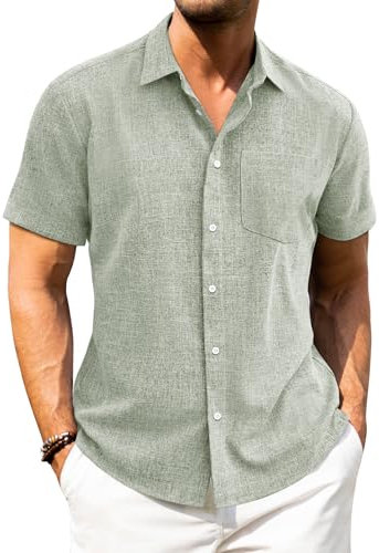 J.VER Mens Linen Shirts Short Sleeve Green Summer Beach Holiday Regular Fit Casual Button Down Shirt M