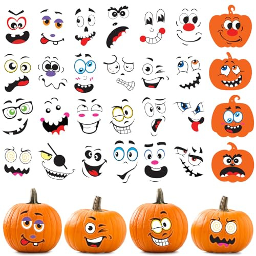 JOFONY Halloween Kürbis Aufkleber Set, Halloween Basteln Kinder mit 24 Kürbis und 24 Gesicht Sticker, Halloween Kürbis Deko für Party-Dekoration