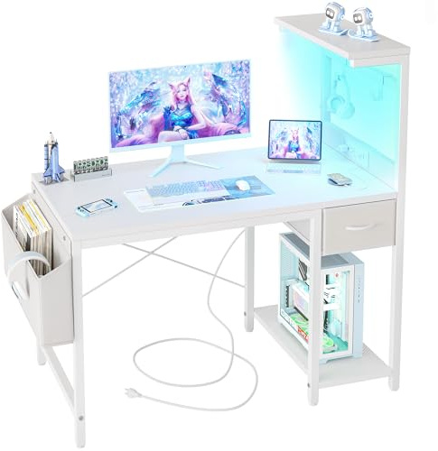 BEXEVUE Bureau Gaming LED 100×50 cm – Table PC avec Prises, Étagère de Rangement, Tiroir & Pochette Latérale, Crochet, Plateau Réversible – Bureau Gamer/Bureau de Travail