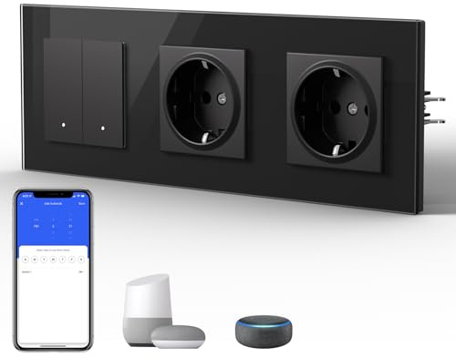 BSEED Doppelt Steckdose mit Lichtschalter Unterputz 2 Fach 1 Weg WIFI Smart Lichtschalter (Neutralleiter Erforderlich), Compatibel mit Alexa/Google Home，228mm，Schwarz