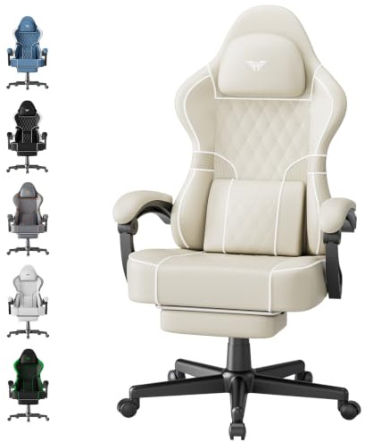 Ferghana Gaming Stuhl，Gaming Stuhl Ergonomisch，Bürostuhl aus Stoff PU-Leder, Gamer Chair mit Verstellbare Kopfstütze und Lendenkissen，Armlehnen，Fußstütze，PC Stuhl für Office Gaming (Beige,PU-Leder)