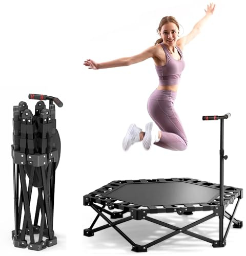 Mini Trampolino Fitness per Adulti, Trampolino Pieghevole da Interno All'aperto con Maniglia Regolabile, Ideale per Saltare e Allenarsi, Non Richiede Installazione, Carico Massimo 330 lb