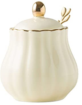 récipient à sucre， Pots à épices, sucrier de couleur unie avec couvercle et cuillère, Pot de stockage de sucre en céramique de 300ml, Pot à sucre en porcelaine, Pot for la maison de 300ml(White)
