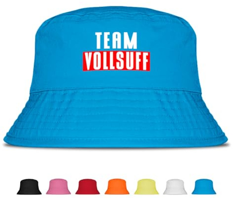 Prozente Momente Team Vollsuff - Fischerhut - Lustiger Fischerhut – Der perfekte Sonnenhut für Herren & Damen – Ideal als Malle-Outfit, Party-Accessoire & Festival-Eimerhut für den Strand