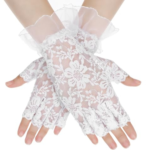 1 Pair White Lace Gloves, Womens Short Floral Fingerless Gloves for Women, Lace Glove Women Tea Party Bridal Wrist Glove for Prom Wedding Party Masquerade 80s Opera Costume Accessories (White)