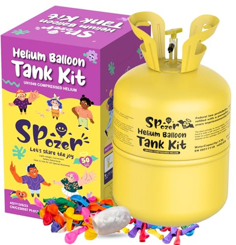 SPOZER 13L Helium Tank Up To 50 Latex Balloons, Helium Tank For Balloons At Home, 50 Latex Balloon And Ribbons Included.