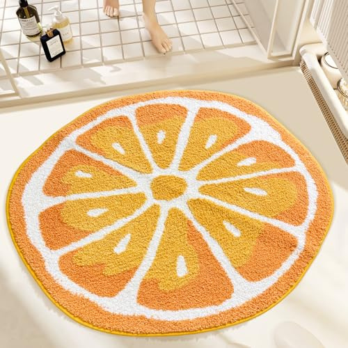 Fruit Runder Teppich, 0,8 m, köstliche orangefarbene Badematte mit weicher und rutschfester ultrasaugfähiger Mikrofaser, zotteliger Fußmatte, maschinenwaschbar, Badteppich, Teppich für WC, Badewanne
