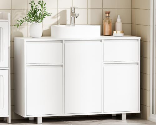 BEWISHOME 90 cm Meuble sous Lavabo, Meuble sous Vasque Salle De Bain, 2 Tiroir, 3 Portes, Grande Capacité De Rangement, Meuble Salle De Bain Rangement avec Pieds, 90 X 30 X 62.5 cm, Blanc, EYSG01W