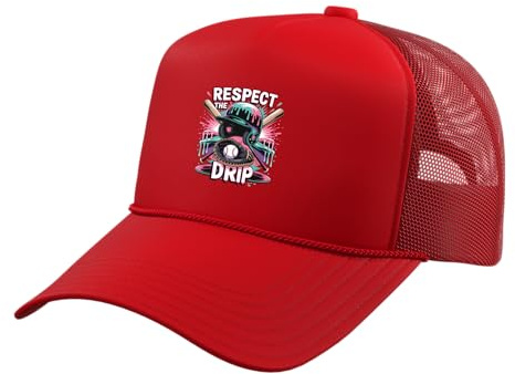 Respect The Drip Baseball Ice Cream Drip Helmet Bat Boys Trucker Hat with Adjustable Mesh Back, Red