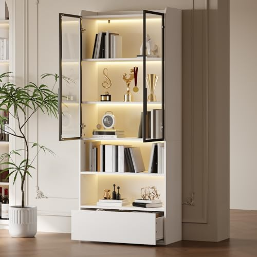 Mrwoo Mehrzweckschrank Glasvitrine mit LED und Regale, Vitrinenschrank mit Schubladen und Offene Regale, Hochschrank mit Glastüren, Weiß, 80x34x180 cm