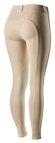 HORZE Ella Women's Riding Breeches - Leather Knee Patch Schooling Pants Tan