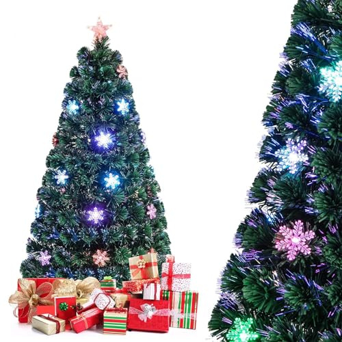 COSTWAY Sapin de Noël Artificiel avec Flocon de Neige (120CM) | Arbre de Noël avec Lumières LED et Pied en Métal, Décoration en PVC pour Maison et Magasin, Vert