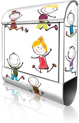 banjado Design Briefkasten personalisiert 38,5x46,5x13cm & 2 Schlüssel - Briefkasten Stahl Weiß Zeitungsfach pulverbeschichtet - Postkasten A4 Einwurf inkl. Montagematerial - Motiv Happy Kids