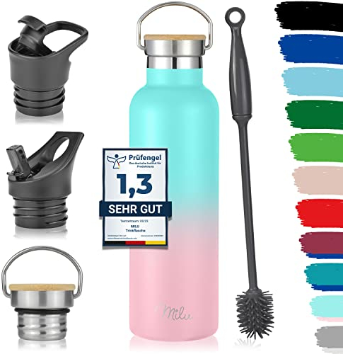 Milu Edelstahl Trinkflasche 500ml, 750ml, 1L (+3 Deckel) - Thermosflasche mit Strohhalm, Isolierte Wasserflasche, Auslaufsichere Isolierflasche doppelwandig, Kohlensäure geeignet (Mint Rosa, 750ml)