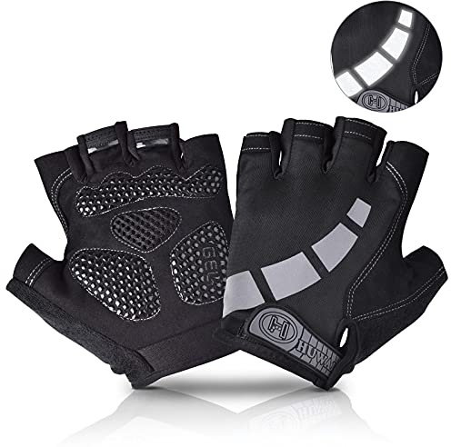 Guantes de Ciclismo Hombre Guantes Verano de Bici de Carretera Guantes Deportivos para Gimnasio Antideslizante Transpirable Guantes Reflectantes MTB Guantes de Medio Dedo para Hombre y Mujer, Negro XL