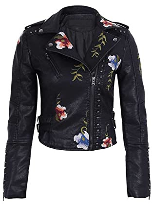 YILANUOYI Women's Embroidered Studded Faux Leather Jacket Moto Punk Jacket Floral Coat (XL, XHPY Black)