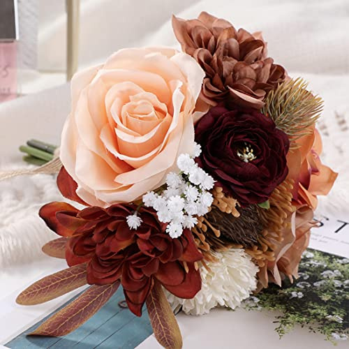 Spirit Up Art Wedding Bouquets for Bridesmaids Bride Burnt Orange Artificial Dahlia Handmade Silk Rose Bouquet Holding Flowers for DIY Arrangement Valentine's Day Party Church Home Decor