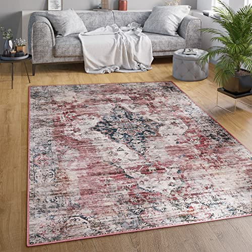 Paco Home Tapis Salon Chambre Adulte Tissage Plat Moderne Oriental Motif Marocain Ornements Vintage Lavable en Machine, Dimension:140x200 cm, Couleur:Rouge