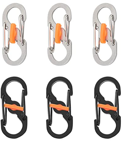 6-Piece S-Shape Stainless Steel Carabiner Keychain Hook Clips with Lock - Mini Carabiner for Home, Outdoor, Hiking, Fishing, Camping, Travel