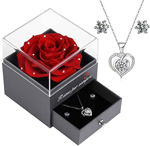 Eaprala Vera Rosa Conservata con Collana e Orecchini, Ti Amo Per Sempre Regali per Donne, Rosa Eterna Regalo per lei a San Valentino,Natale,Festa della Mamma, Compleanno.Regalo per Mamma
