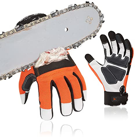 Vgo... Chainsaw Gloves 12-Layer Protection on Both Hands, Safety Goat Leather Foresty Work Gloves with Touchscreen(XL,Orange,1 pair)