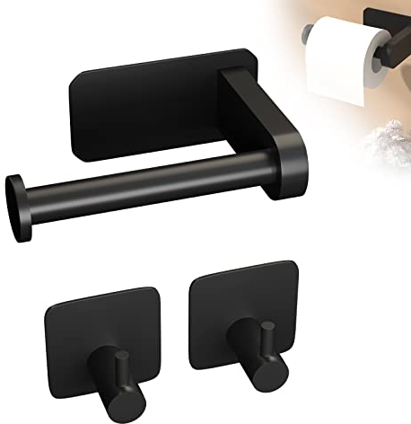FungLam Toilettenpapierhalter, Toilet Paper Holder Without Drilling, Selbstklebend Wc Rollenhalter Edelstahl Klorollenhalter, Toilet Roll Holder, mit 2 Stück Handtuchhaken, Schwarz