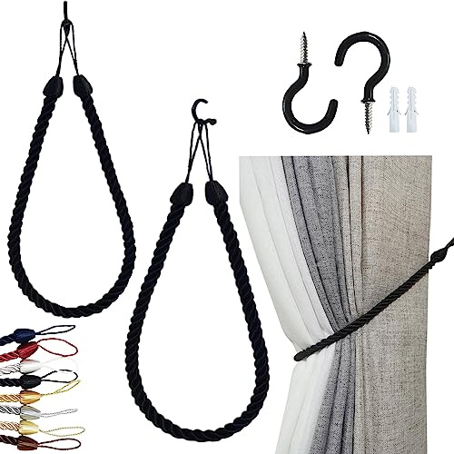 SLIFEOW Curtain Tiebacks Ropes, Curtain Tie Backs Holdbacks Black 2 Pack