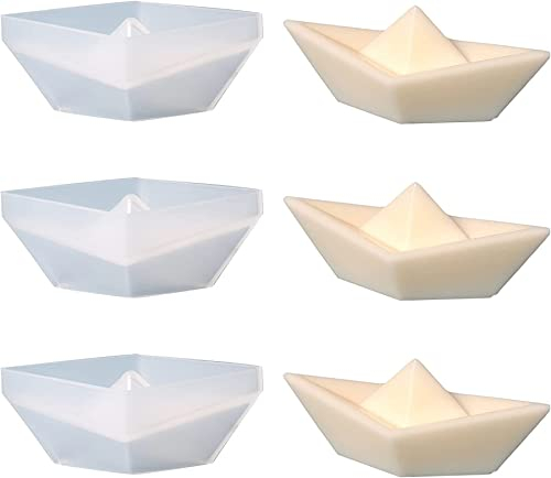 Ailovone 3 Stück Origami Boot Silikonform 3D Kerzenformen Seifenform Epoxidharz Casting Gießform DIY Dekoration Handwerk Kuchen Fondant Backform für Tortendeko, Schokolade, Sojawachs Kerzen (3pcs)