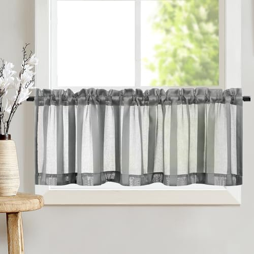 TOPICK Scheibengardinen Streifen Sheer Bistrogadine 1 Stück H35xB130 Grau | Lichtdurchlässig Küchenvorhänge modern Kurzgardine Küchfenster Wohnzimmer landhausstil küchengardinen fenstergardinen Küche