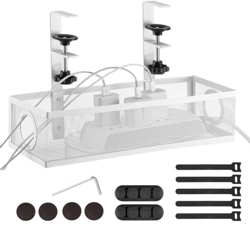 iNextStation Under Desk Cable Management Tray, Cable Organisers Under Desk, No Damage to Desk, Cable Rack with Clamp for Desk Wire Management, No Drill Cable Tidy Box for Office Home, White