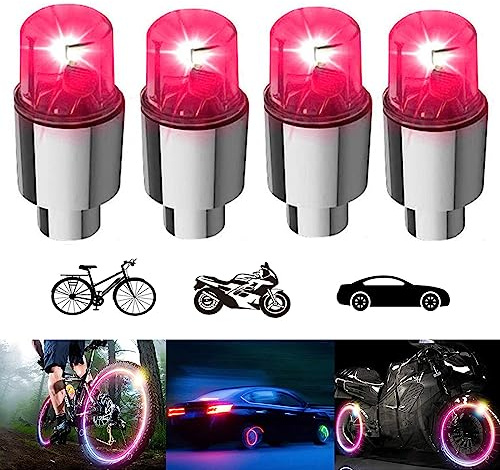 YUERWOVER 4 Pack LED Bike Wheel Lights Car Tire Valve Stems Caps Bicycle Motorcycle Waterproof Tyre Spoke Flash Light Cool Reflector Accessories for Men Women Kids (Redl)