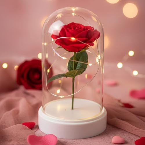 Campana con rose a LED, romantica, regalo per San Valentino, per lei, incantata rosa rossa eterna in cupola di plastica con luci a LED, regalo di anniversario e compleanno
