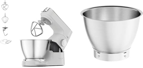 Kenwood Titanium Chef Baker KVC65.001WH - Küchenmaschine mit integrierter Waage, 1200 Watt, inkl. 3-teiligem Patisserie-Set, Spatel & Spritzschutz, Weiß & Edelstahl-Schüssel KAB50.000BS, Zubehör