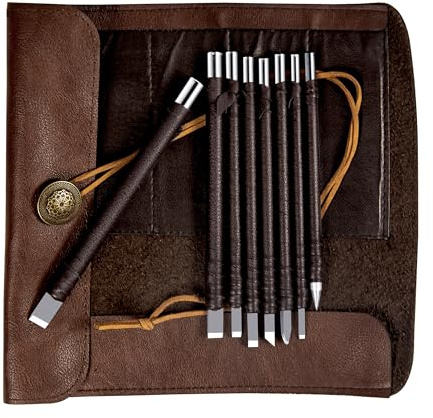 BERXOL 8 Pcs Tungsten Steel Chisel, Metal Engraving Tools, Chisel Set with Leather Sheath for Woodworking, Seal and Bamboo Carving