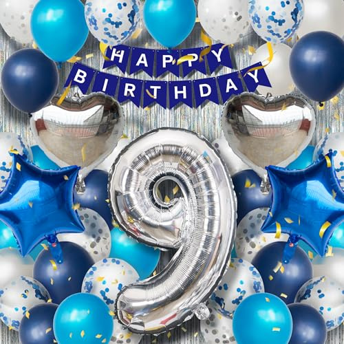 9. Geburtstagsdeko Junge, Blau-Weiß-Silber Luftballons Geburtstag Deko Zubehör Set, Geburtstag Partydekoration für 9 jährige Junge