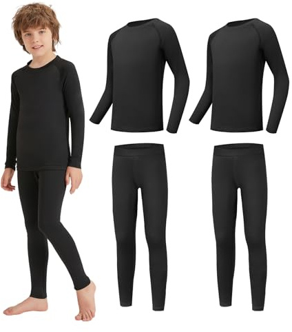 AMZSPORT Biancheria Intima Termica per Bambini, Set Intimo a Manica Lunga per Ragazzi, Comfort e Traspirabilità per Lo Sci, Nero-2 Set L