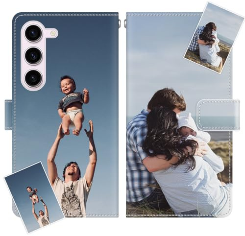 JGOYGYI Personalisierte Leder Handyhülle kompatibel mit Samsung Galaxy S23,Individuelle Eigenem Foto Bild Text Bildern Foldable Flip Klapphüllen Case hülle+Handykette