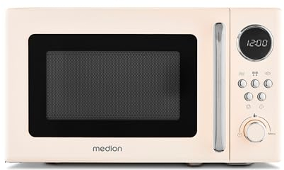 MEDION Microondas retro (20 litros, aprox. 800 vatios, 5 posiciones de microondas, 8 programas automáticos, pantalla digital, función de descongelación, compacto, MD15000) beige