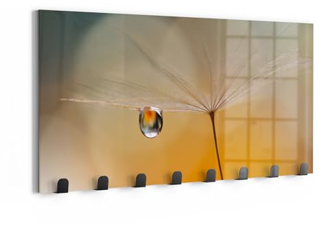 DEQORI Wandgarderobe Glas & Metall | Motiv Träne des Morgens | 60x30 cm | Design Haken-Leiste modern | Garderoben-Paneel für Flur, Wohnzimmer & Schlafzimmer | magnetisch & beschreibbar