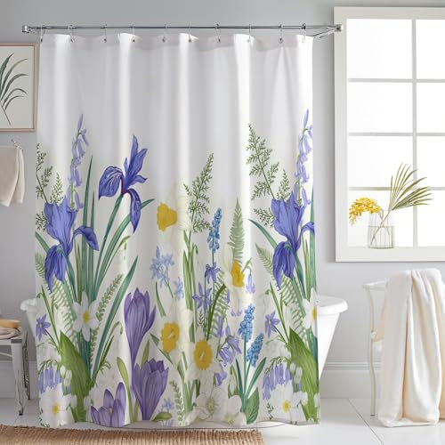 HOMEWINS Duschvorhang 180x200 cm Polyester Textil mit Muster, Waschbar und Schimmelresistant, Wasserdicht und Schnell Trocknend, Badevorhang mit 12 Duschvorhangringe - Schwertlilie