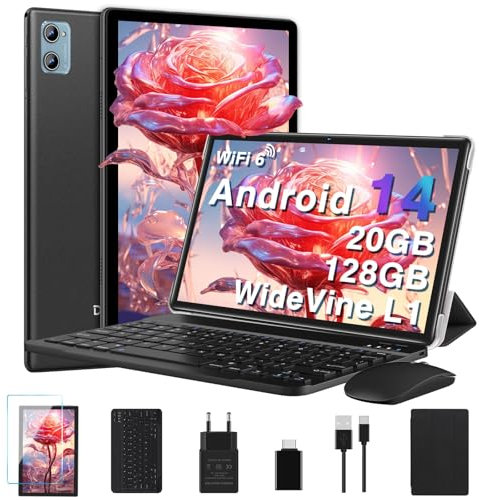 DEERTiME Tablet 10 Pulgadas Android 14 con 20GB RAM+128GB ROM/TF Ampliable a 2TB, Octa Core, 5G WiFi 6 | Widevine L1 | BT5.0 | | 8MP+5MP | Type C | GMS Tablet PC con Teclado, Funda y Ratón- Negro