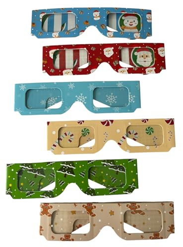Christmas 3D Glasses- 6 Pack with different designs. Snowflake, Candycane, Christmas tree, gingerbread man, Snow man and Santa designs. Kids, holiday lights, unique Christmas gifts. stocking stuffers