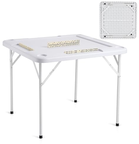 VEVOR Tavolo Mahjong, Tavolo da Gioco Pieghevole Quadrato per 4 Giocatori con 4 portabicchieri, Tavolo da Gioco Domino Portatile con 1 Set di Domino per Puzzle di Poker Mahjong, 900 x 900 mm, Bianco