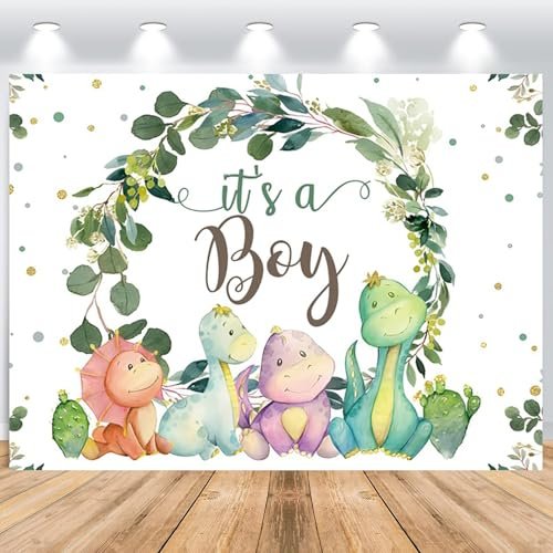 ASDCXZ Telón de Fondo de Dinosaurio para Bebé Ducha 2.2x1.5m, Es un niño Dibujos Animados Dinosaurio Hojas Verdes Fondo de Fotografía niño Baby Shower cumpleaños Fiesta Decor Accesorios de Estudio