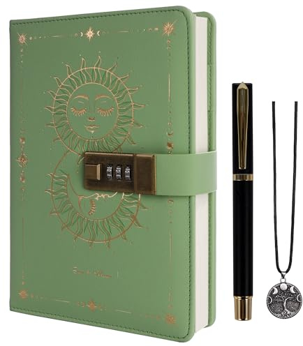 TIEFOSSI Tagebuch mit Schloss, Sonne & Mond Journal mit Schloss für Frauen Männer, A5 nachfüllbares Notizbuch mit Schloss zum Schreiben, 224 nummerierte Seiten