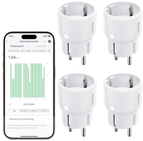 LIKEFE WLAN Steckdose - Intelligente Stromverbrauch & Kostenüberwachung mit Zeitschaltuhr, App-Steuerung & Sprachsteuerung, 2,4 GHz