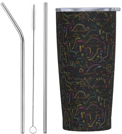 VOSERY Botella de agua de 590 ml con tapa y popote, vaso aislado de dinosaurio Doodle, vasos de acero inoxidable, taza de café de viaje, vaso personalizado