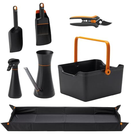 Fiskars Gartenwerkzeuge-Set, 7-teilig, Floristenschere SP14 | Pflanzschaufel mit Bürste, Handschaufel, Pflanzmatte, Aufbewahrungsbox, 0,3-l-Pflanzensprüher, 1076797